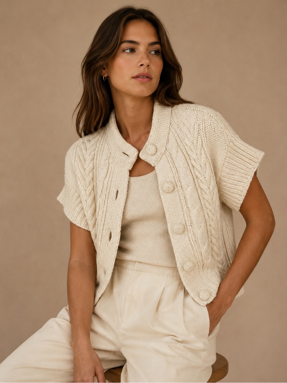 Axcess Liz Claiborne Cream Cable Knit Short Sleeve Cardigan Sweater S